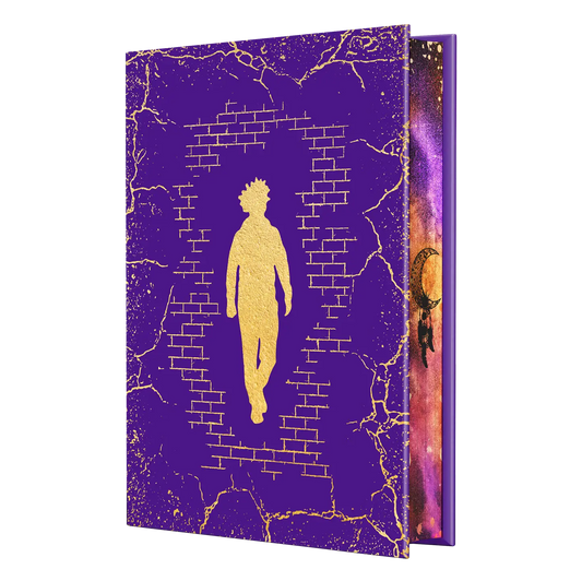 A vibrant purple book cover featuring a gold silhouette of a person emerging from a brick background with artistic side details.