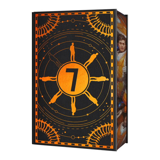 A futuristic book cover design featuring an orange number seven surrounded by silhouettes and abstract patterns on a black background.