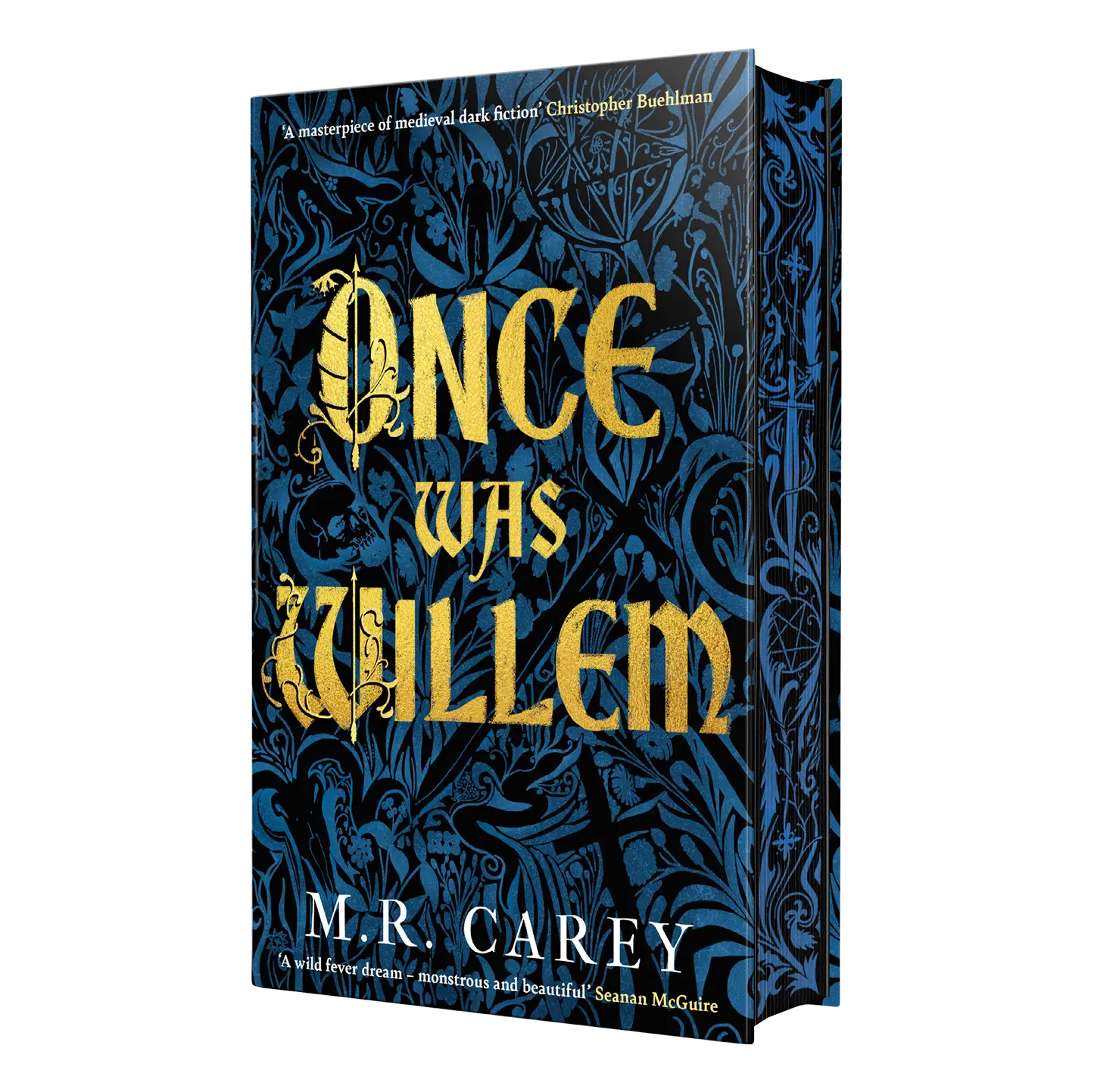 The cover of the book "Once Was Willem" by M.R. Carey, featuring ornate gold lettering on a dark blue, floral-patterned background.