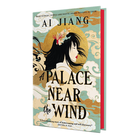 The book cover for "A Palace Near the Wind" by Ai Jiang, featuring an ornate illustration with clouds and a profile of a woman.