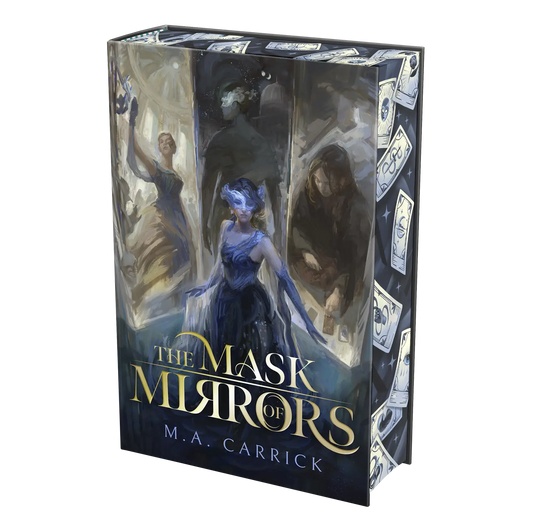 "The Mask of Mirrors" by M.A. Carrick features a captivating cover with an ethereal figure in a blue dress surrounded by mystical imagery, perfect for readers of fantasy and intrigue.