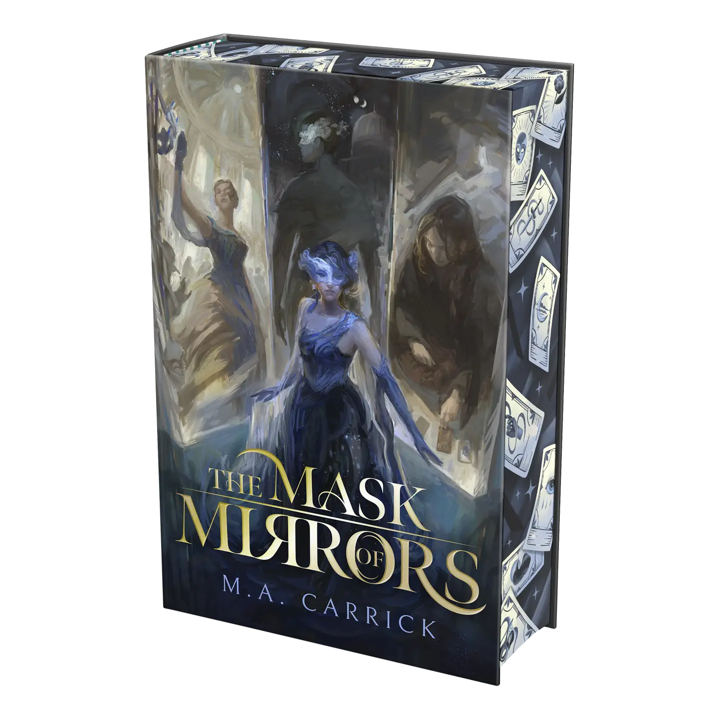 "The Mask of Mirrors" by M.A. Carrick features a captivating cover with an ethereal figure in a blue dress surrounded by mystical imagery, perfect for readers of fantasy and intrigue.
