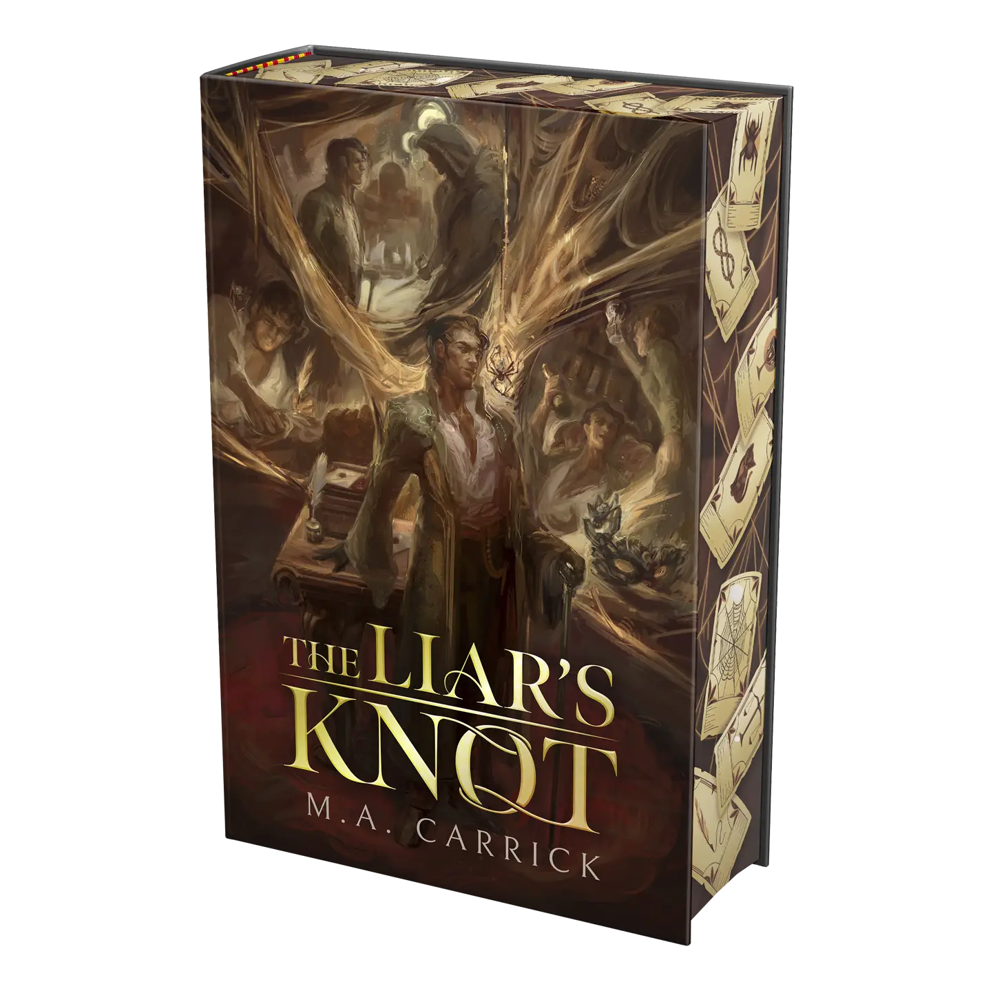 "The Liar's Knot by M.A. Carrick features an intricate fantasy cover design with mysterious characters and elements."