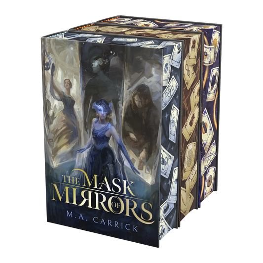 The book cover for "The Mask of Mirrors" by M.A. Carrick, showcasing a mysterious and artistic design with tarot-like cards on the spine and back.