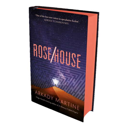 "Rose/House" by Arkady Martine is a speculative fiction novel with a striking cover featuring a night sky and a mysterious illuminated figure.