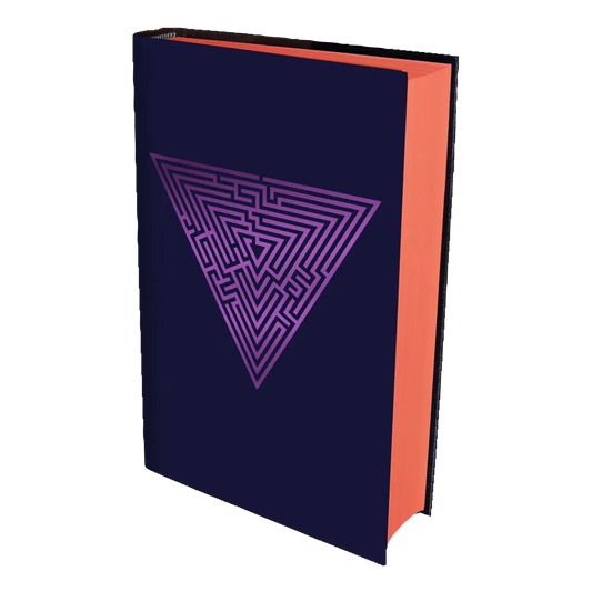 A book with a dark blue cover featuring a purple geometric triangular maze design and red page edges, capturing a modern and intriguing aesthetic.