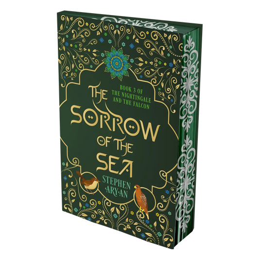 "The Sorrow of the Sea by Stephen Aryan is the third book in 'The Nightingale and The Falcon' series, featuring an intricate green and gold cover design with floral and bird motifs."