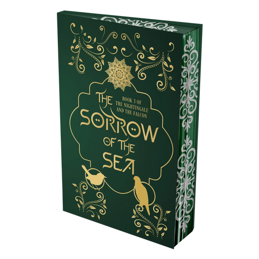 "The Sorrow of the Sea by Stephen Aryan is the third book in 'The Nightingale and The Falcon' series, featuring an intricate green and gold cover design with floral and bird motifs."
