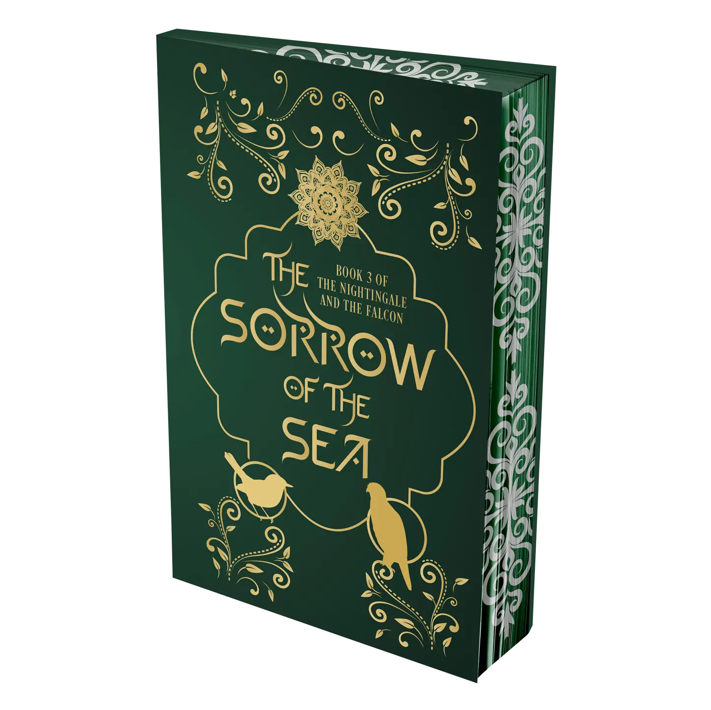 "The Sorrow of the Sea by Stephen Aryan is the third book in 'The Nightingale and The Falcon' series, featuring an intricate green and gold cover design with floral and bird motifs."