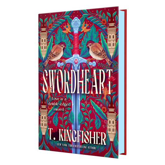 T. Kingfisher's "Swordheart" book cover features vibrant illustrations of a sword flanked by birds and ornamental towers, set against a lush, leafy background.