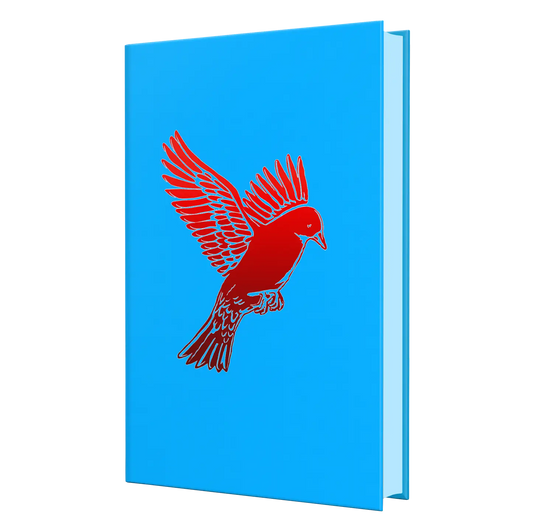 A vibrant blue book cover features a striking red bird in mid-flight, perfect for attracting attention and boosting visibility.