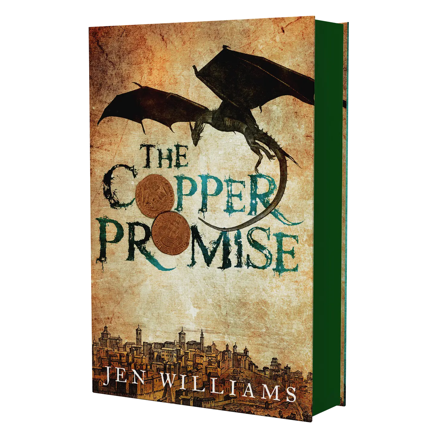 The book cover of "The Copper Promise" by Jen Williams, showcasing a dragon and a cityscape on a textured background.