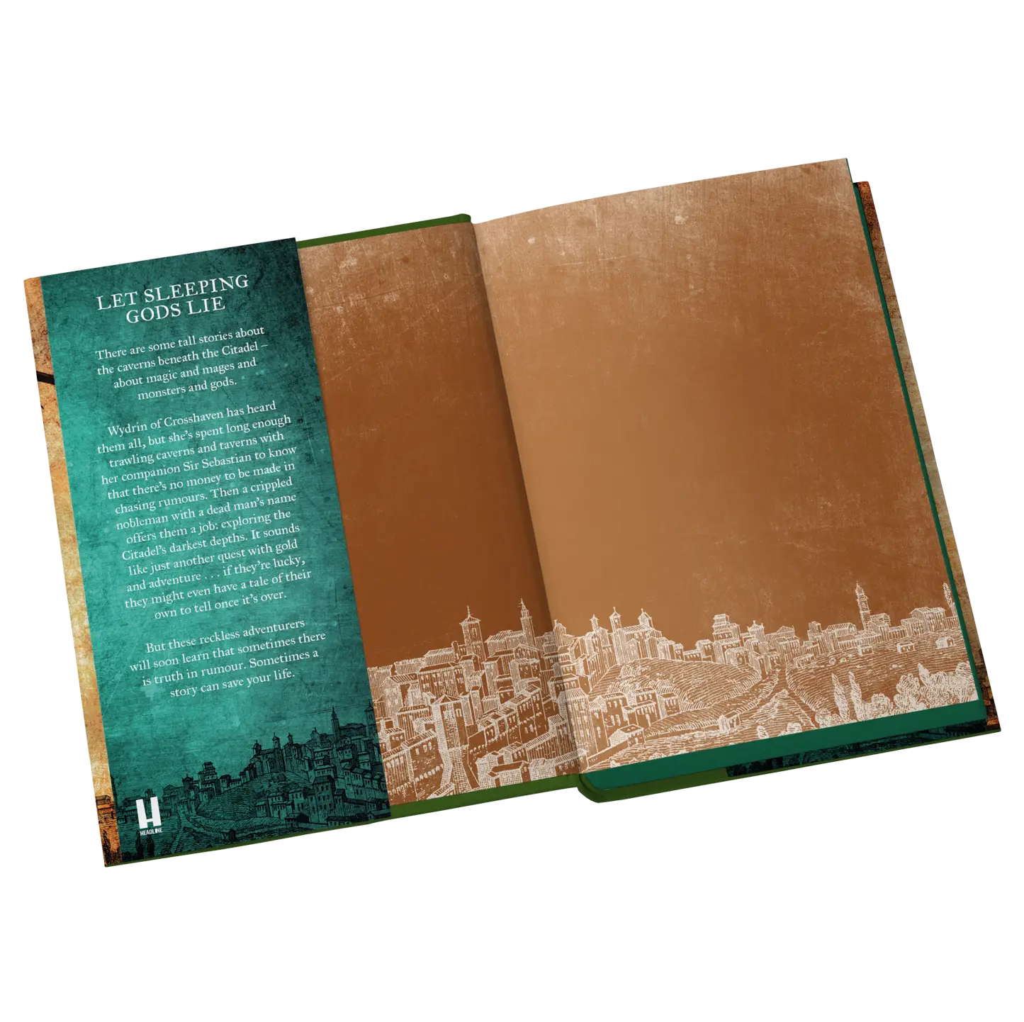 Open fantasy book spread featuring a silhouette of a cityscape and the title "Let Sleeping Gods Lie" with a captivating introduction about adventure and mystery.