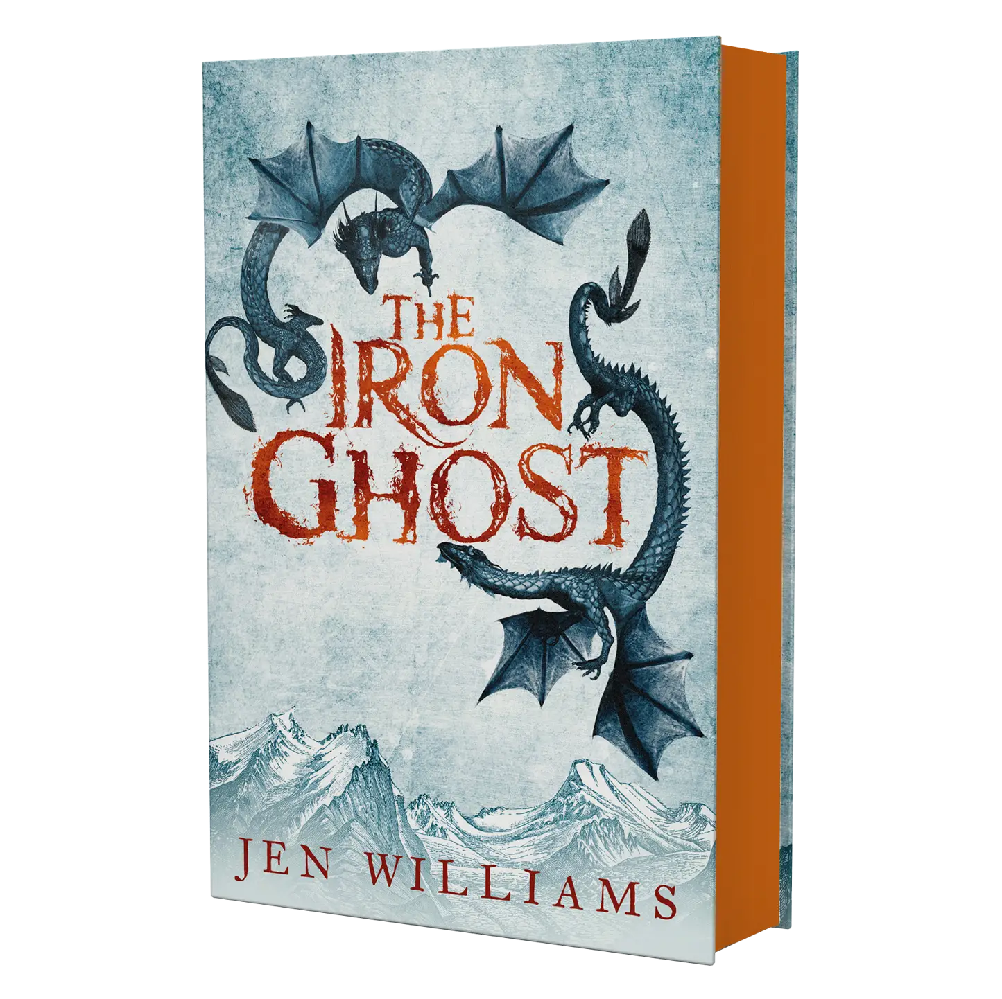 The cover of "The Iron Ghost" by Jen Williams features two dragons encircling the title against a backdrop of rugged mountains.