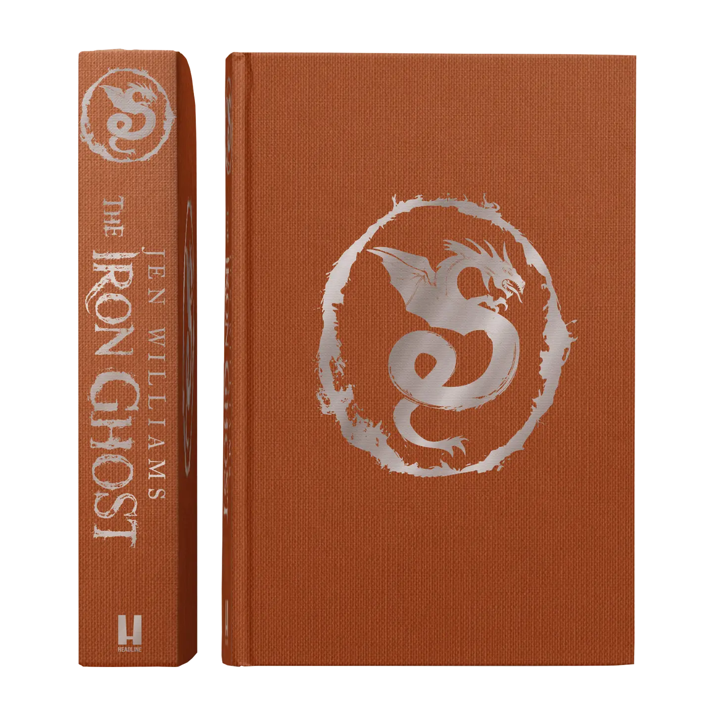 "The Iron Ghost" by Jen Williams features a striking cover design with a silver dragon emblem on a textured, rust-colored background.