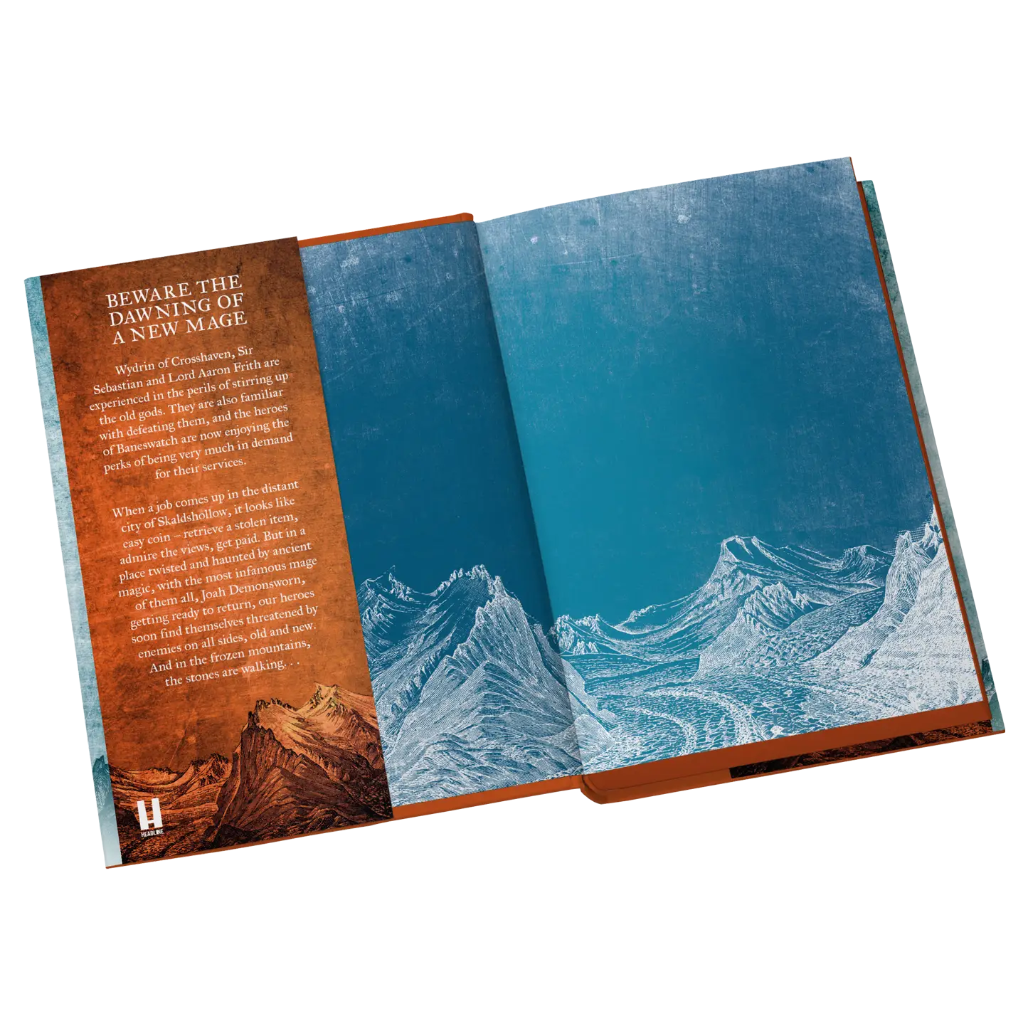 Open book illustration with a fantasy landscape and text about the "Dawning of a New Mage," featuring mountains and adventurous themes.