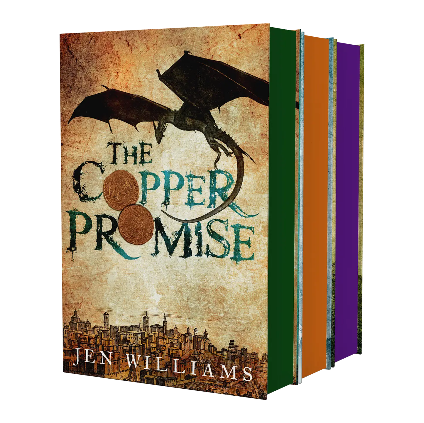 A box set of the fantasy book "The Copper Promise" by Jen Williams, featuring a cover with a dragon and cityscape illustration.