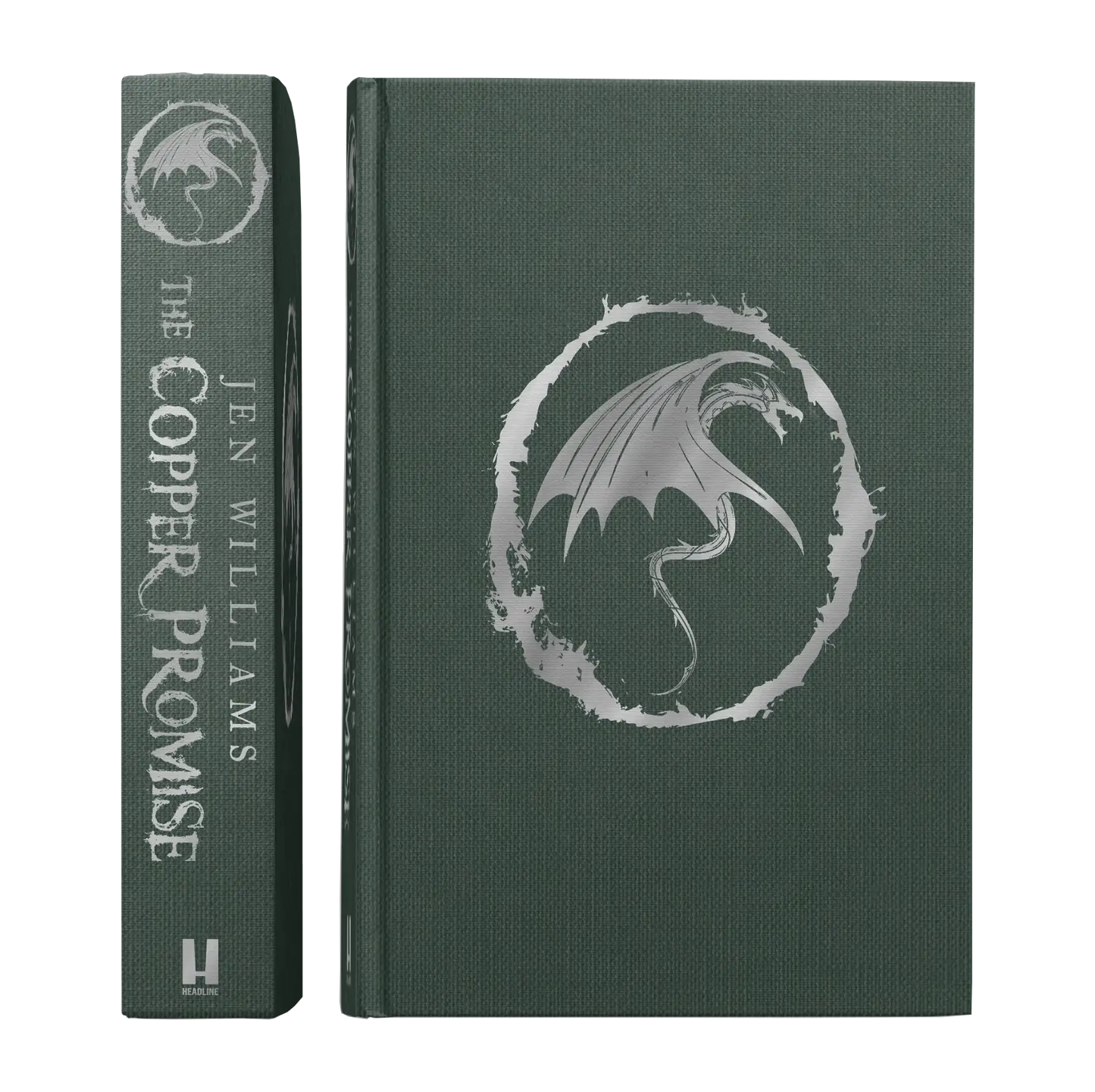 Jen Williams' "The Copper Promise" with its captivating book design featuring a striking dragon emblem on the cover and spine.