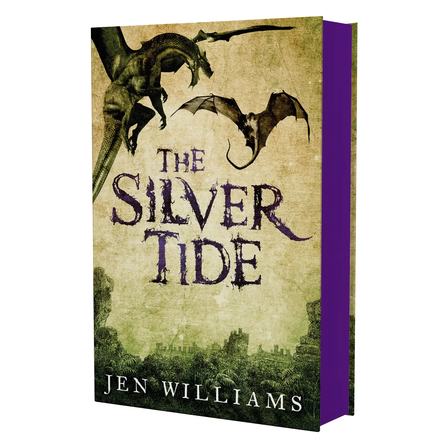 "The Silver Tide" by Jen Williams featuring flying dragons against a mystical backdrop.