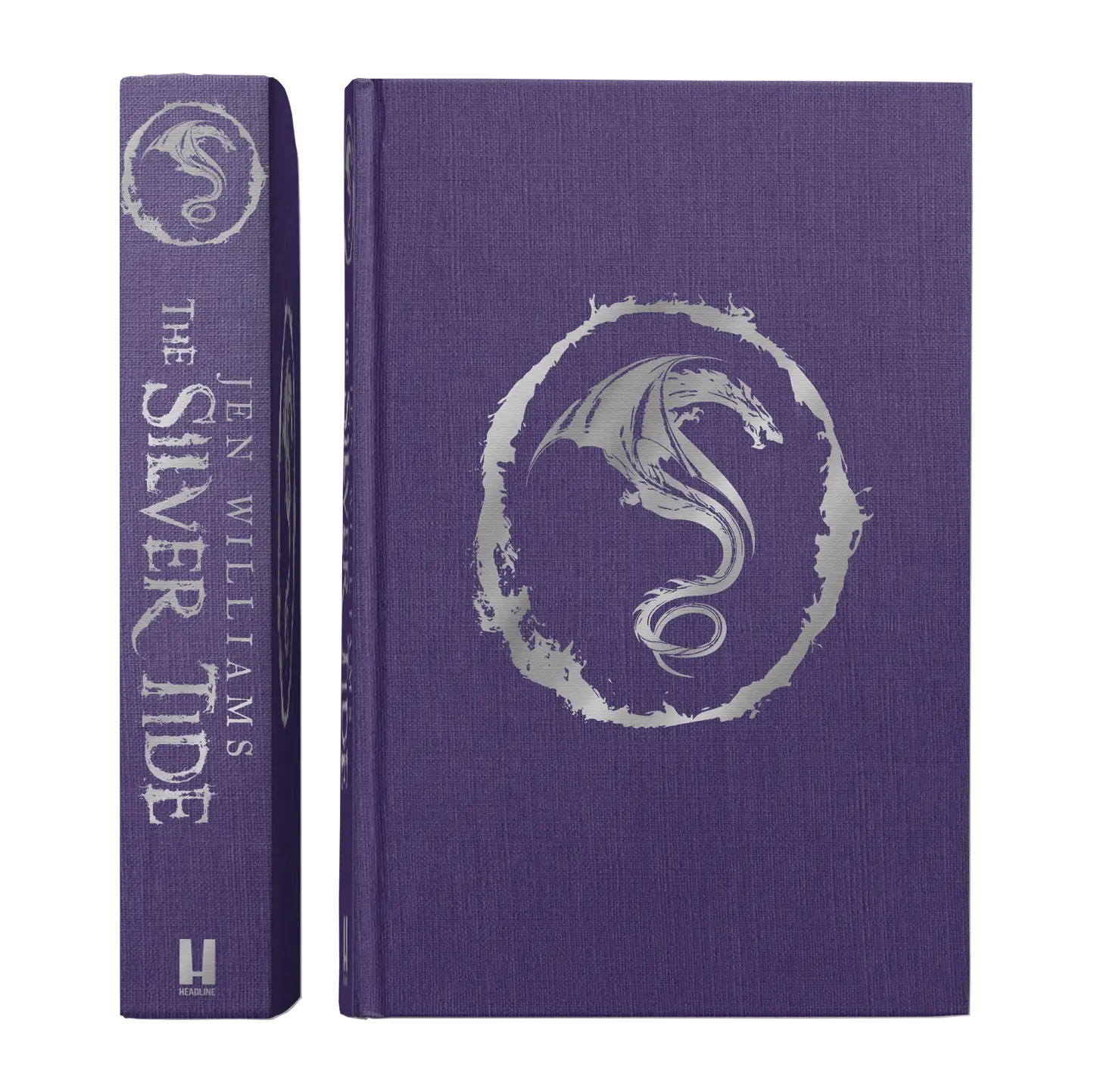 A purple hardcover edition of "The Silver Tide" by Jen Williams featuring a silver dragon emblem on the cover.