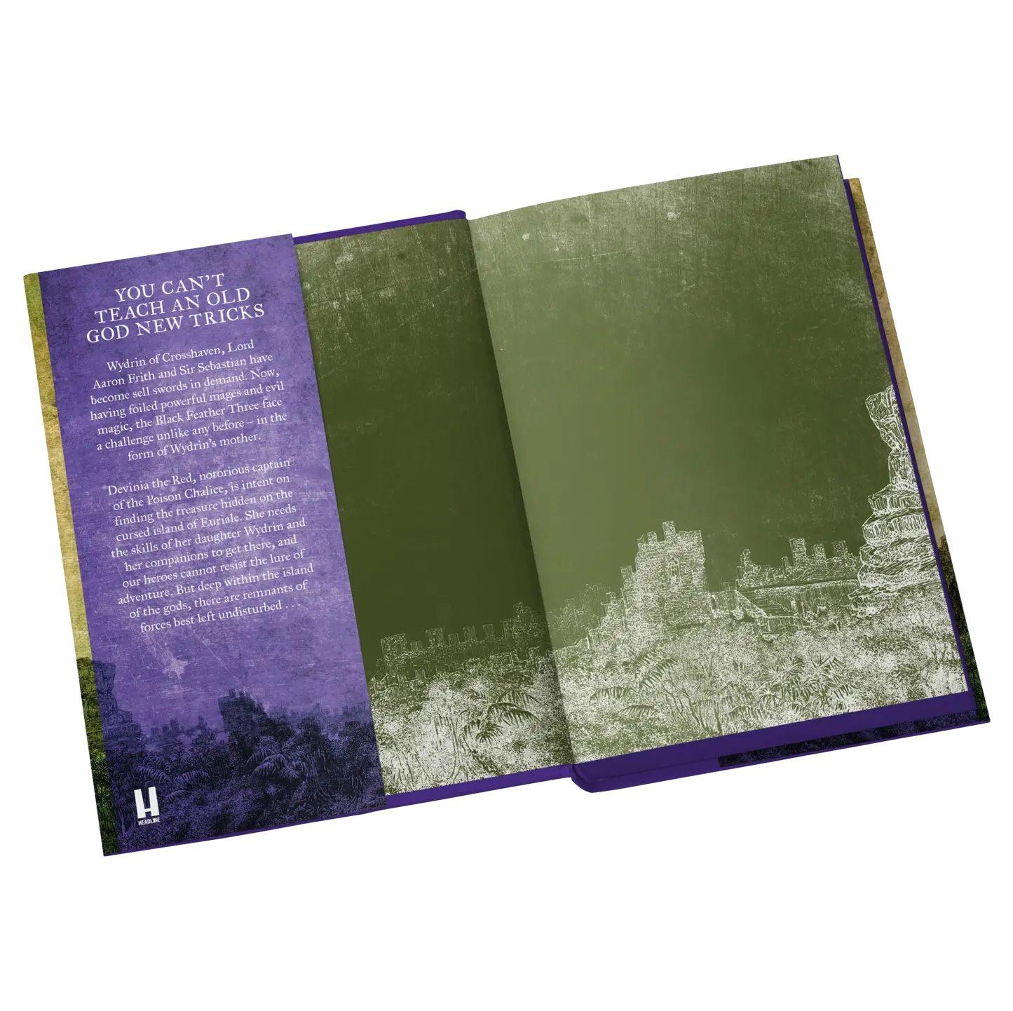 Open book with a narrative about mythical adventures involving Wydrin of Crosshaven, highlighting themes of magic and treasure hunting.