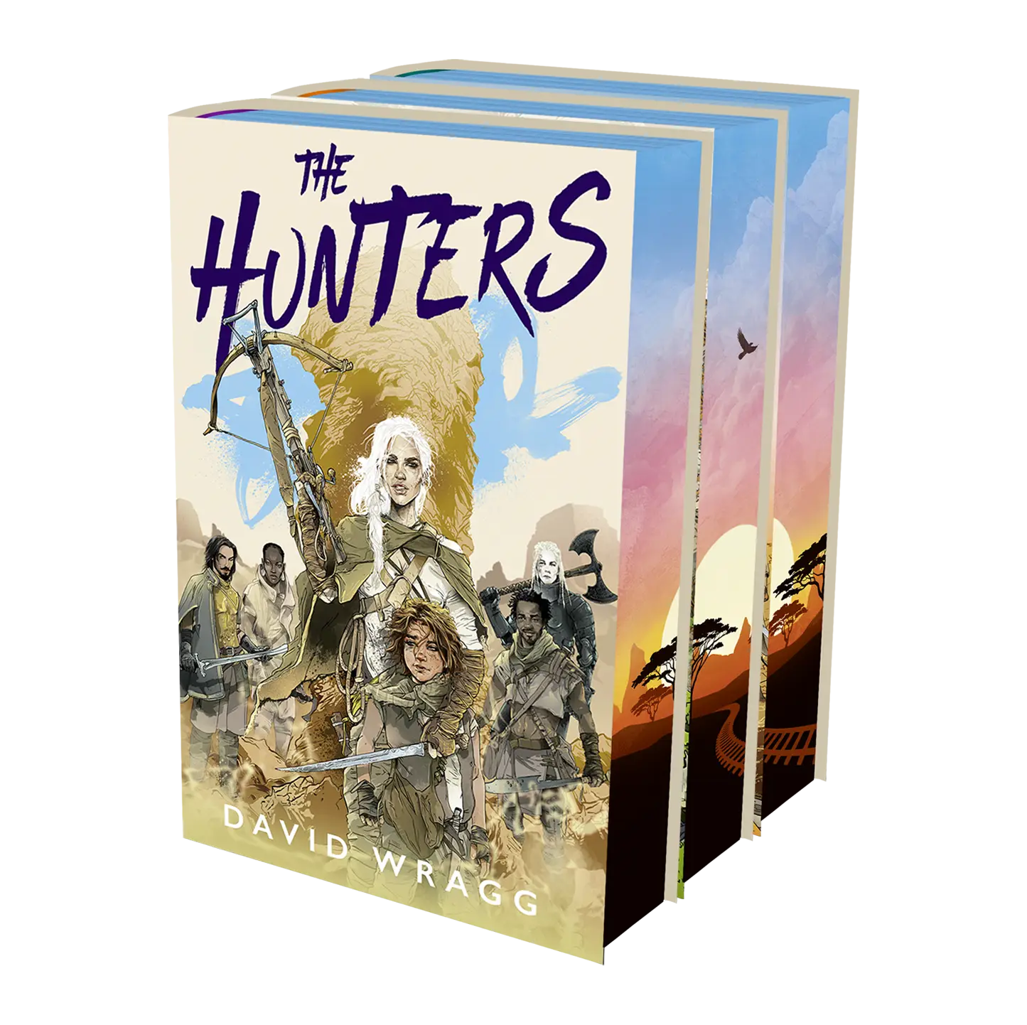 "The Hunters" by David Wragg, an intriguing three-book series with captivating cover art featuring a band of adventurers.