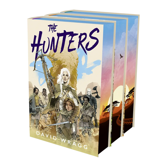 "The Hunters" by David Wragg, an intriguing three-book series with captivating cover art featuring a band of adventurers.
