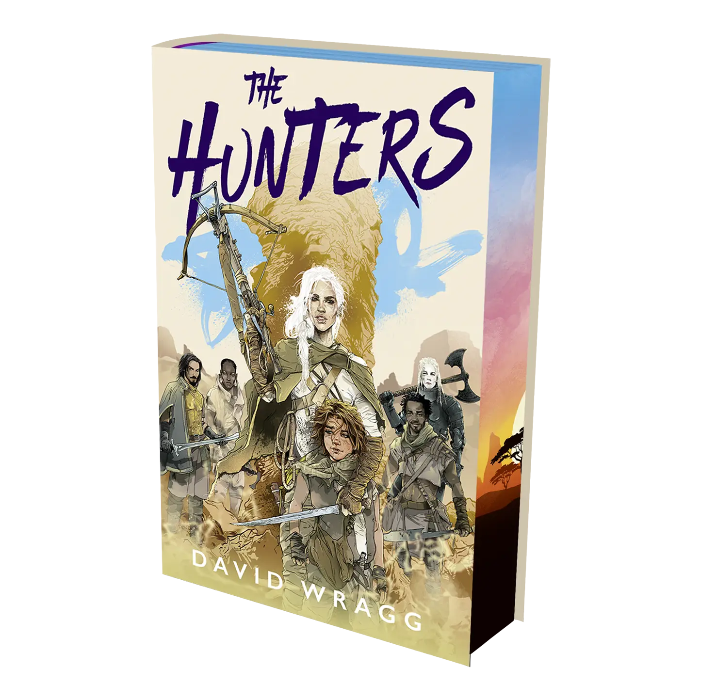 The cover of the book "The Hunters" by David Wragg, featuring a group of characters with weapons against a desert backdrop.