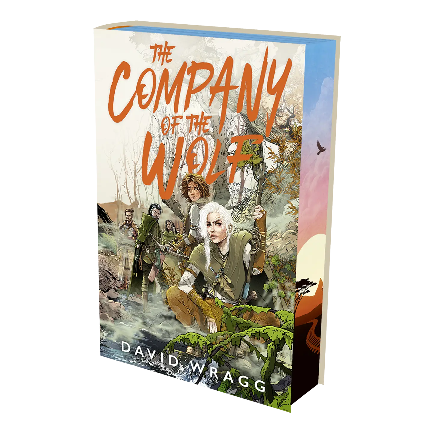 The cover of David Wragg's book "The Company of the Wolf" features a group of armed adventurers in a forest setting, suggesting an exciting fantasy adventure.