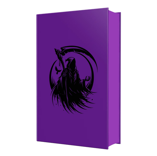A purple book cover featuring a black silhouette of the Grim Reaper holding a scythe.