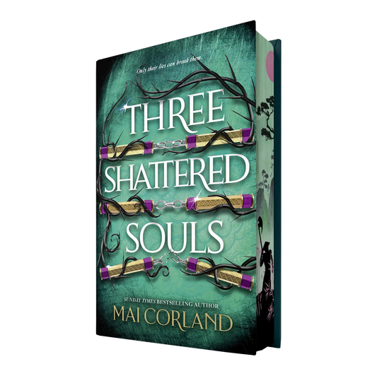 "Three Shattered Souls" by Mai Corland features a mystical book cover with dark vines and golden scrolls against a teal backdrop, capturing intrigue and fantasy.