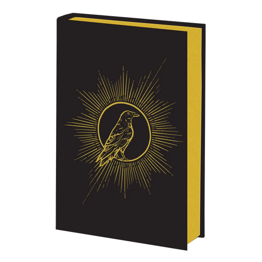A stylish black book cover with a golden raven design surrounded by radiant lines, offering a striking and elegant aesthetic.