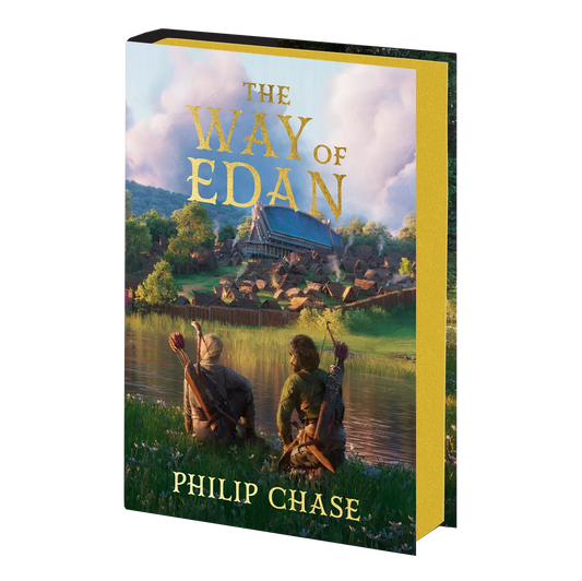 The cover of "The Way of Edan" by Philip Chase, depicting two figures with bows overlooking a village by a river under a cloudy sky.
