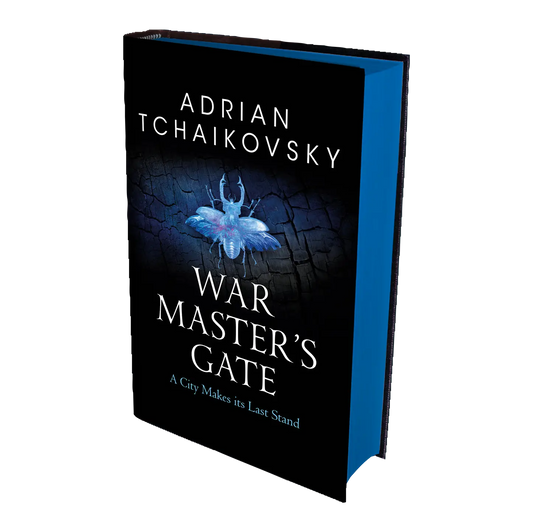 "War Master's Gate" by Adrian Tchaikovsky features a captivating cover with a blue insect and the subtitle "A City Makes its Last Stand," appealing to fantasy and sci-fi readers.