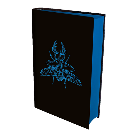 A black book with a striking blue illustration of a beetle on the cover, designed to capture attention and intrigue.