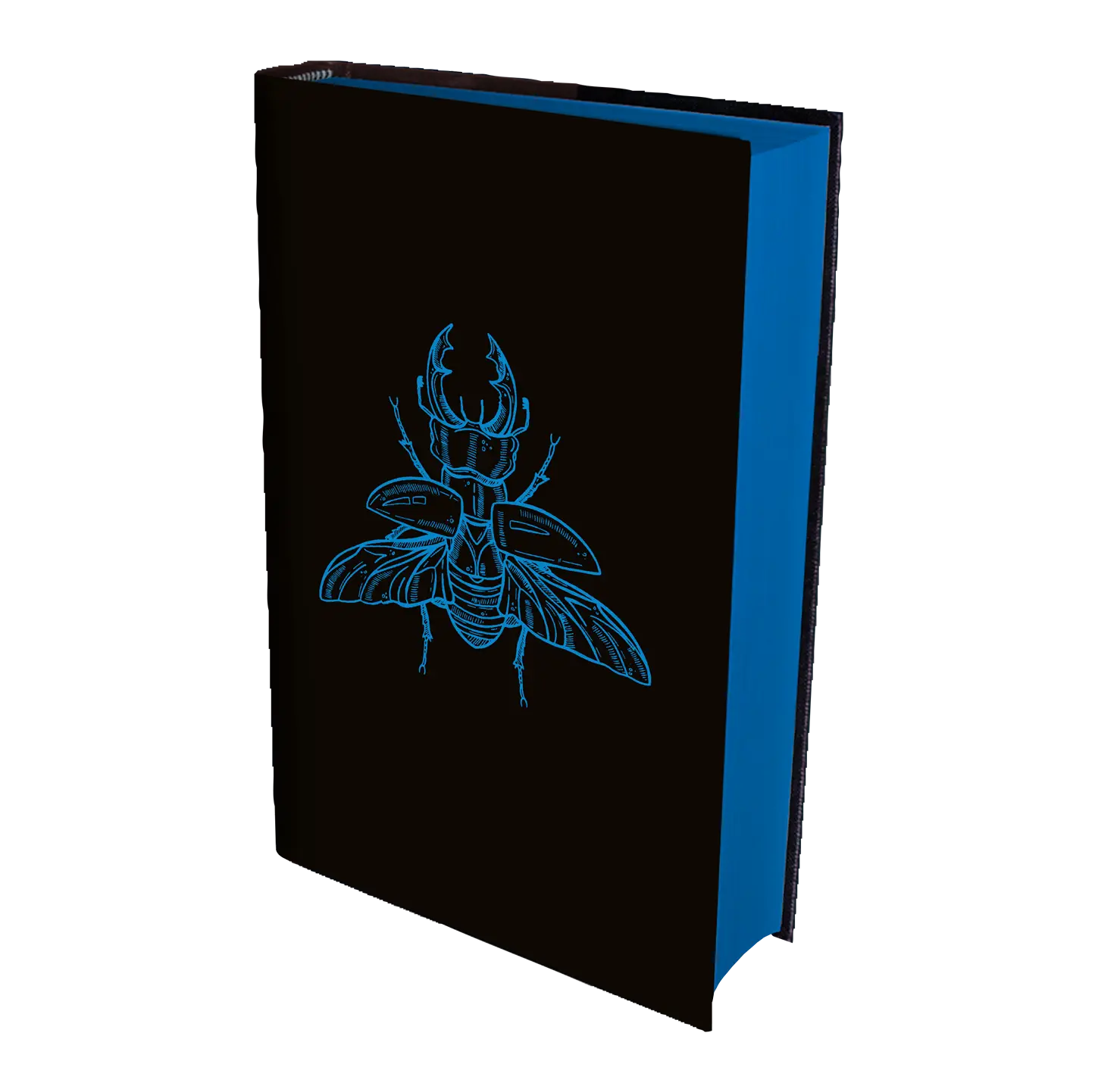 A black book with a striking blue illustration of a beetle on the cover, designed to capture attention and intrigue.
