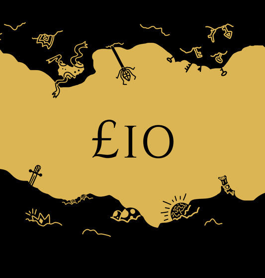 A visually striking black and gold gift card design featuring intricate line drawings and bold text.